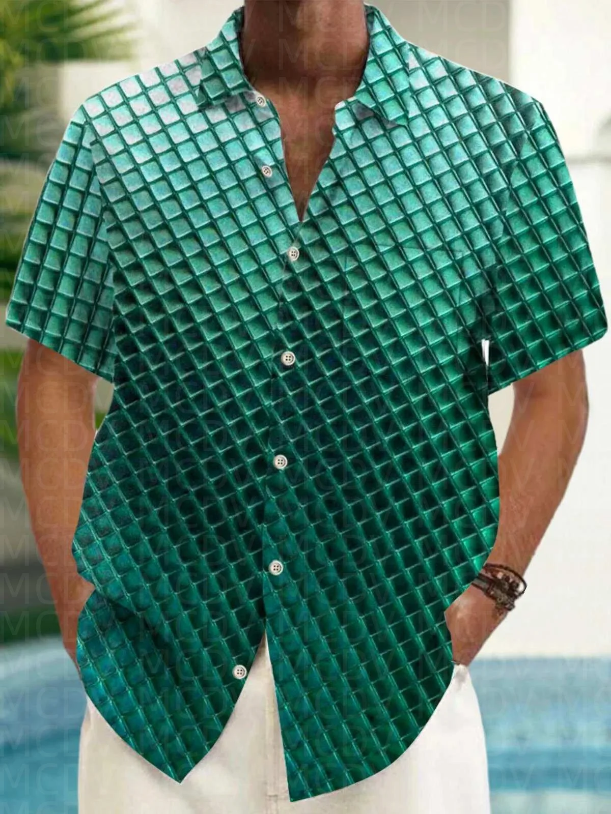 Checkered Pattern Style Men's Hawaiian Shirt Stretch Easy Care Camp Shirt Big Tall