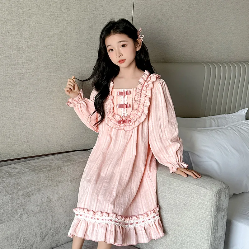 3-14Years Girls Nightgowns Puff Long Sleeve Sleepwear Sweetheart Nightgowns Cotton Sleeping Skirt Sleepwear Princess Nightdress