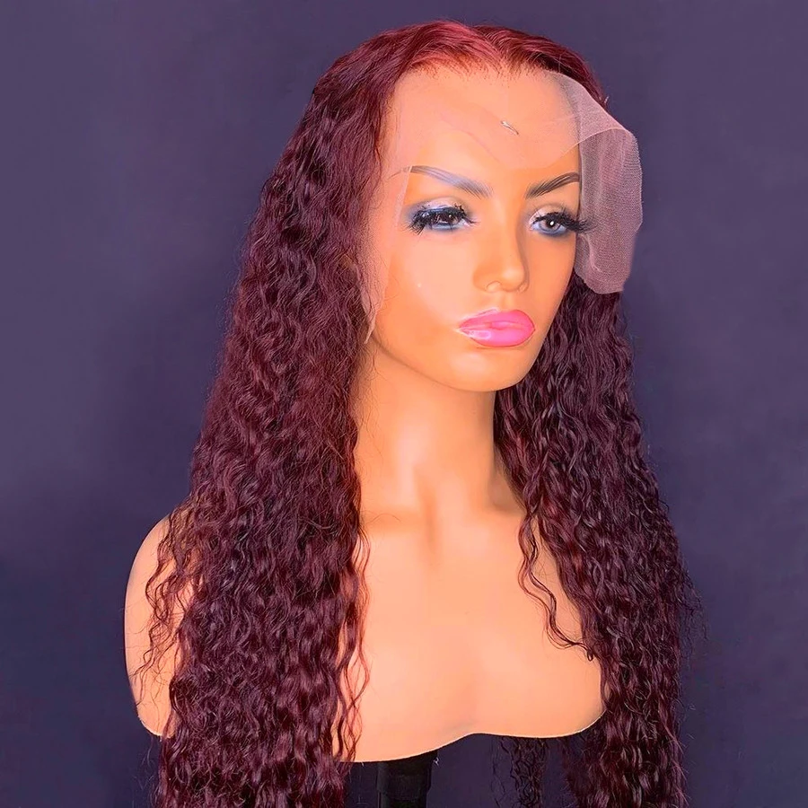 

Long Burgundy 26Inch 180%Density Glueless 99j Kinky Curly Lace Front Wig For Black Women With BabyHair Heat Temperature Daily