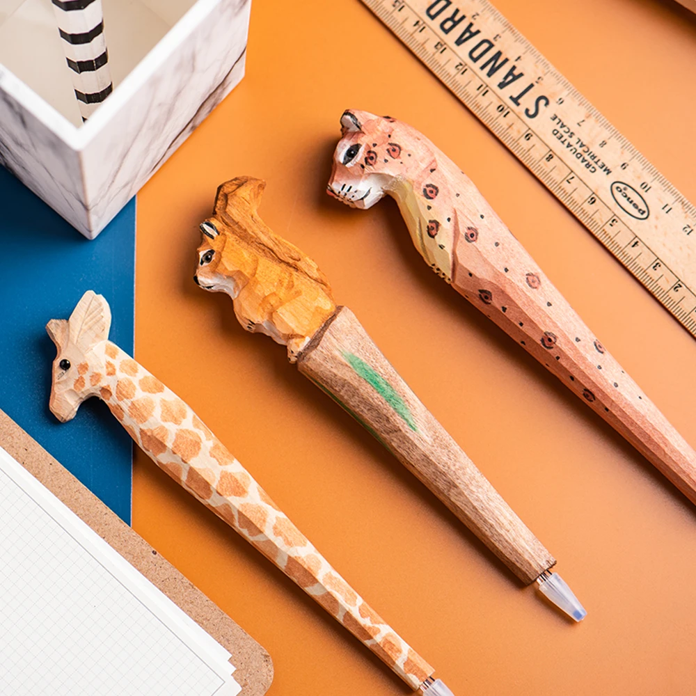 Wood Carving Animal Pen Handmade Wooden Art Black Color Gel Ink Pens for Writing Signature Decoration Office School Gift F029