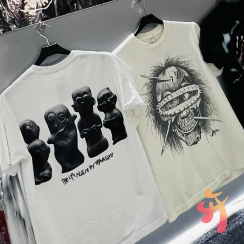 

Retro Hip-hop Loose Skull Nail Pattern CACTUS JACK T-shirts High Quality Cotton Round Neck Short Sleeve Street Men Women Top Tee