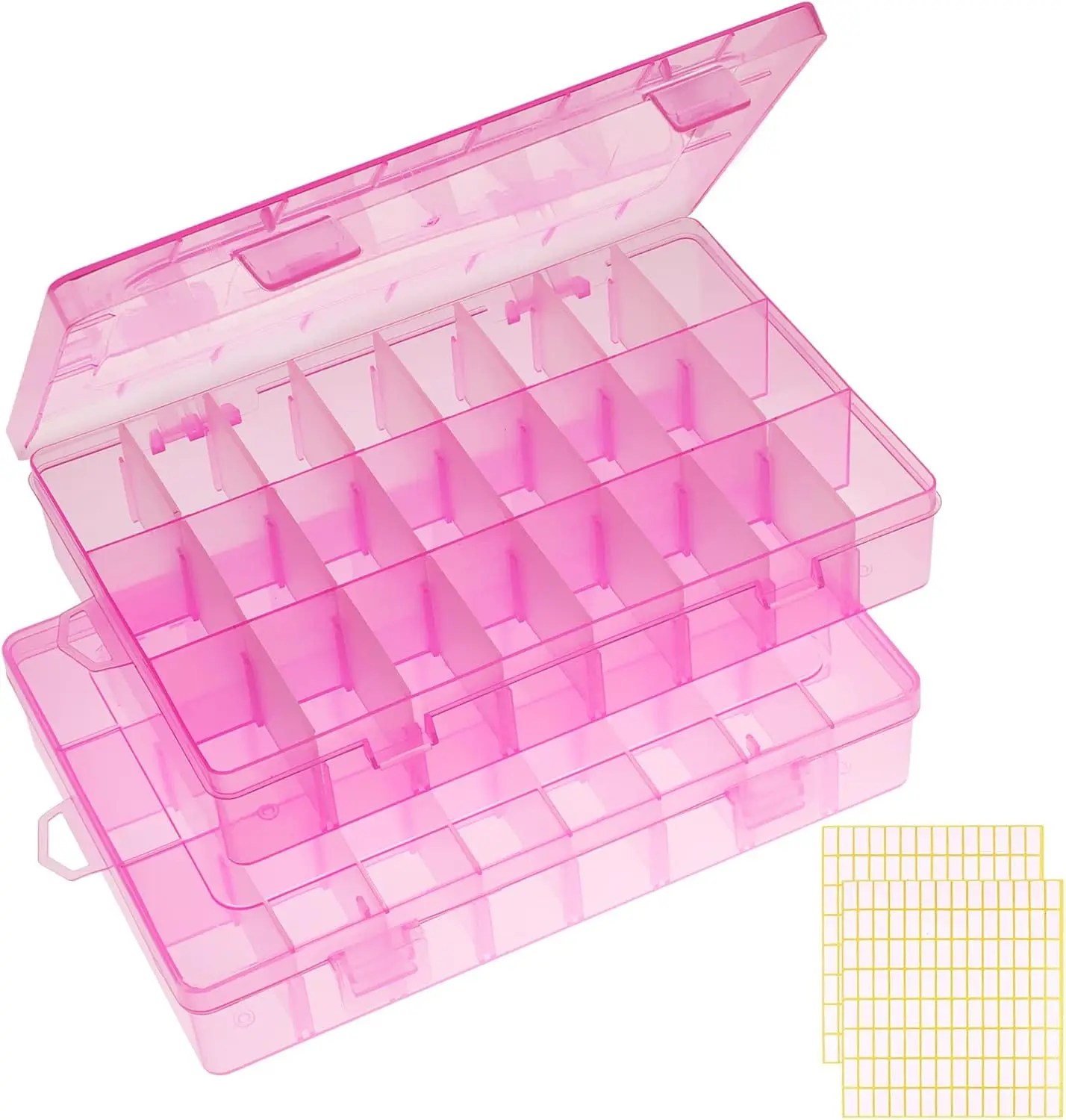 

2-Pack 24-Grid Transparent Plastic Organizer Box with Adjustable Dividers and Labels for Jewelry, Crafts, and Small Items