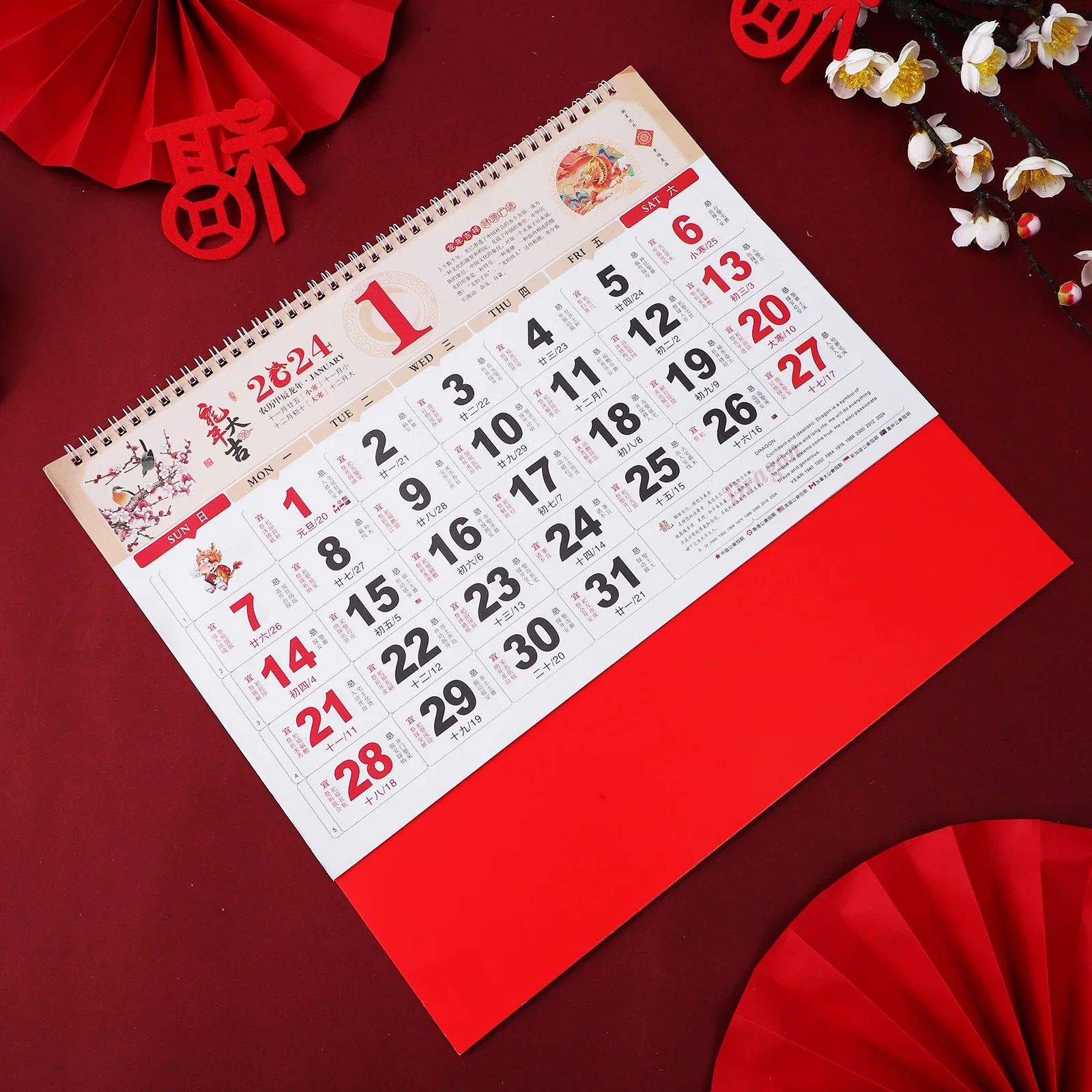 

2Pcs Traditional Chinese Hanging Calendar 2024 Dragon Year Monthly Wall Planner Lunar Calendar Home Decoration