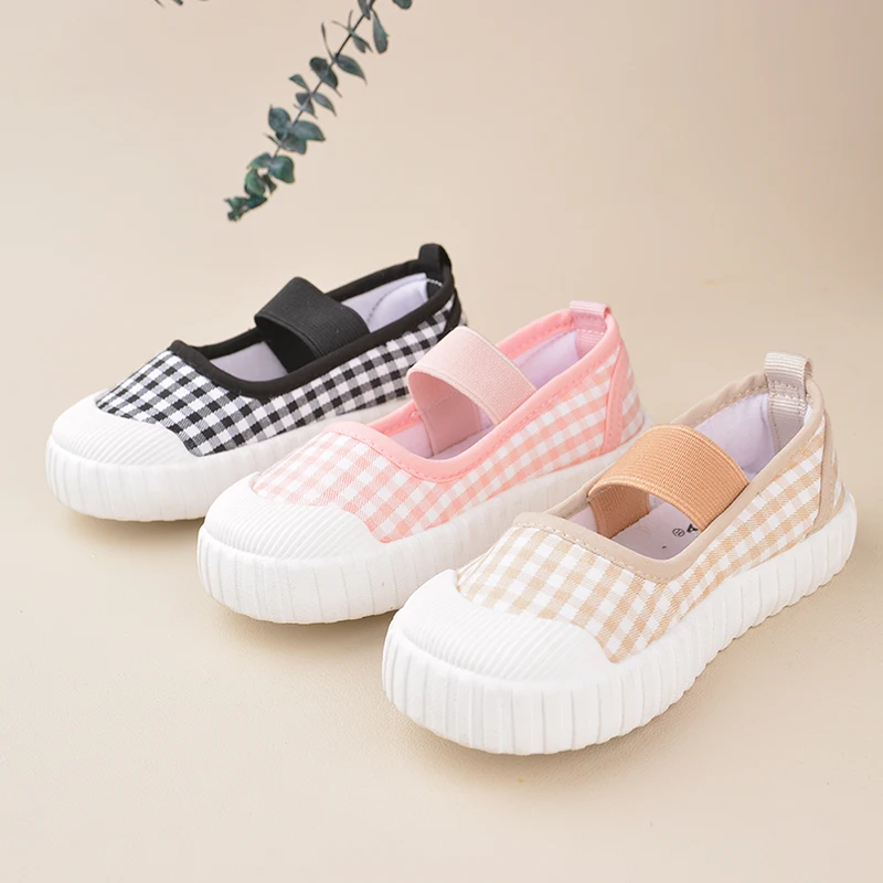 Plaid Casual Children\'s Canvas Shoes Girls Simple Style Lovely Low-top Elastic Unisex Indoor Sneakers ED7008