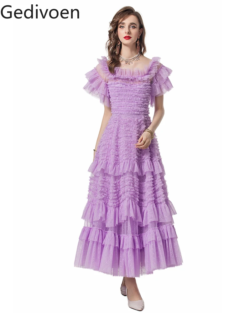 

Gedivoen Summer Fashion Runway Designer Dresses Women's Temperament Princess Net Yarn Embroidery Cascading Ruffle Dresses