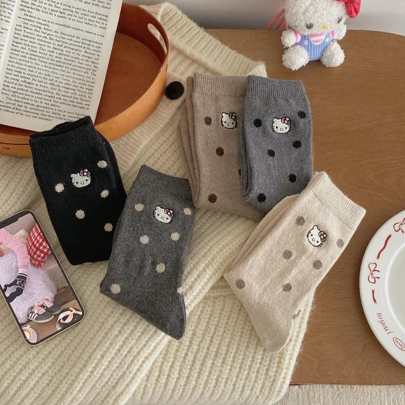 

Cute Hello Kitty Embroidered Wool and Velvet Thick Middle Socks Autumn/Winter Polka Dot Solid Color Stacked Socks for Women