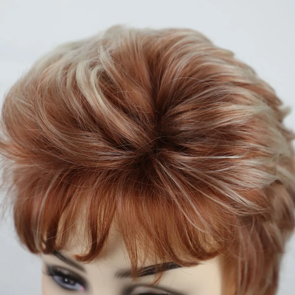باروكة نسائية قصيرة مجعدة منفوش بني أشقر مزيج من الألياف الاصطناعية المقاومة للحرارة قطعة شعر منفوشة مسبقًا للحفلات اليومية #5
