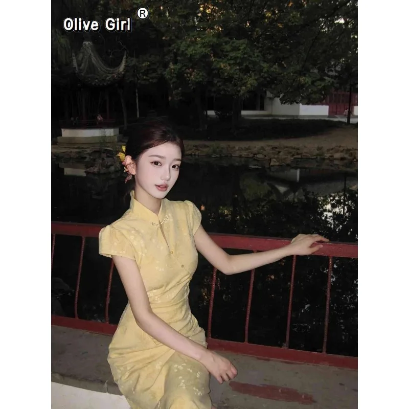 Improved Cheongsam Dress Qipao 2026 New Young Girl Orange Summer Daily Wearable Long Dress Chinese Summer Women Clothing