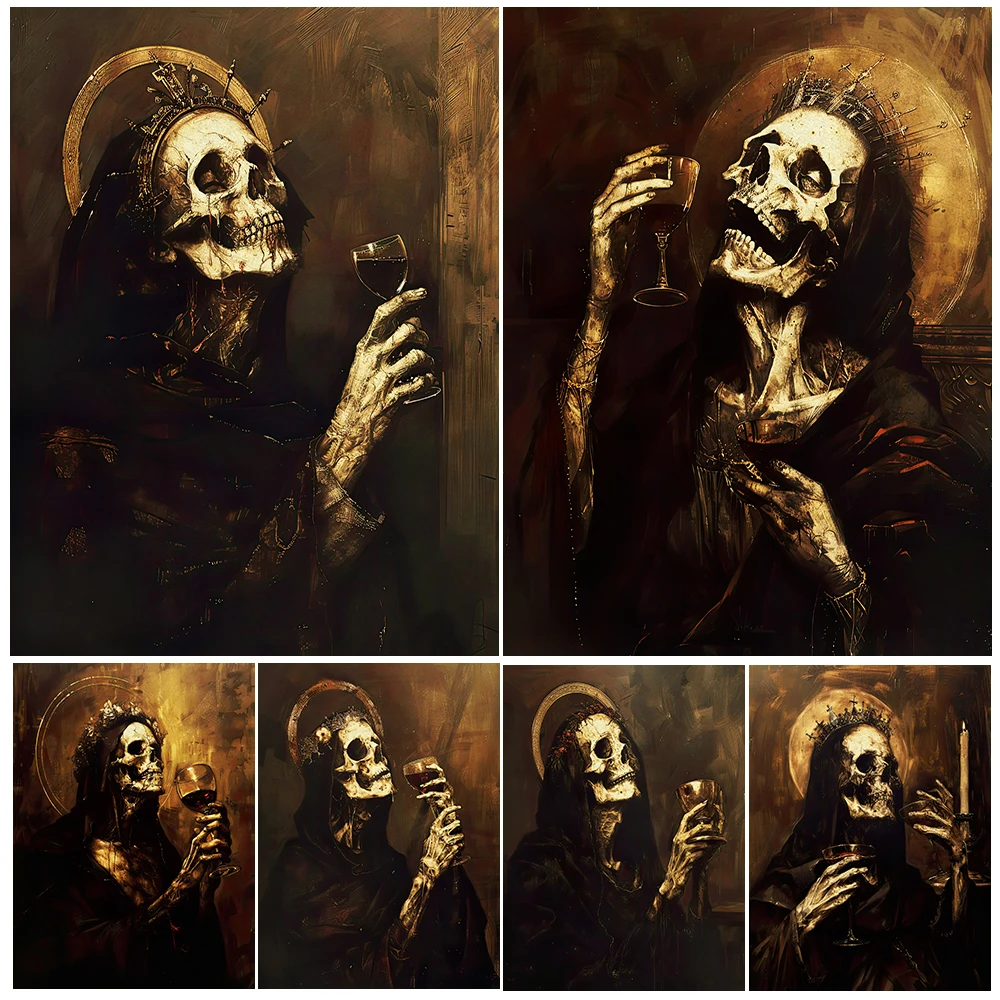

Fallen Skeleton Saint,Vintage Wall Art Canvas Painting,Holy Blood In Chalice,Abstract Art Poster Print ,Home Decoration Unframed