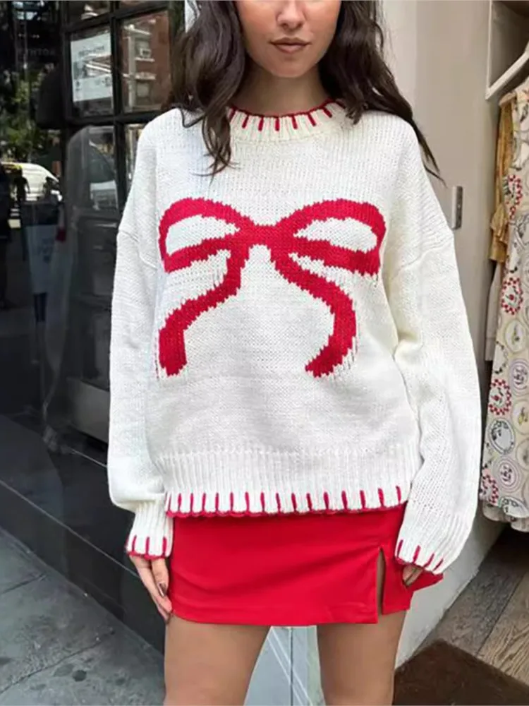 

Fashion Bow Pattern Color Matching Knitted Sweater Autumn O-neck Long Sleeve Loose Pullover Ladies Winter Elegance Warm Sweaters