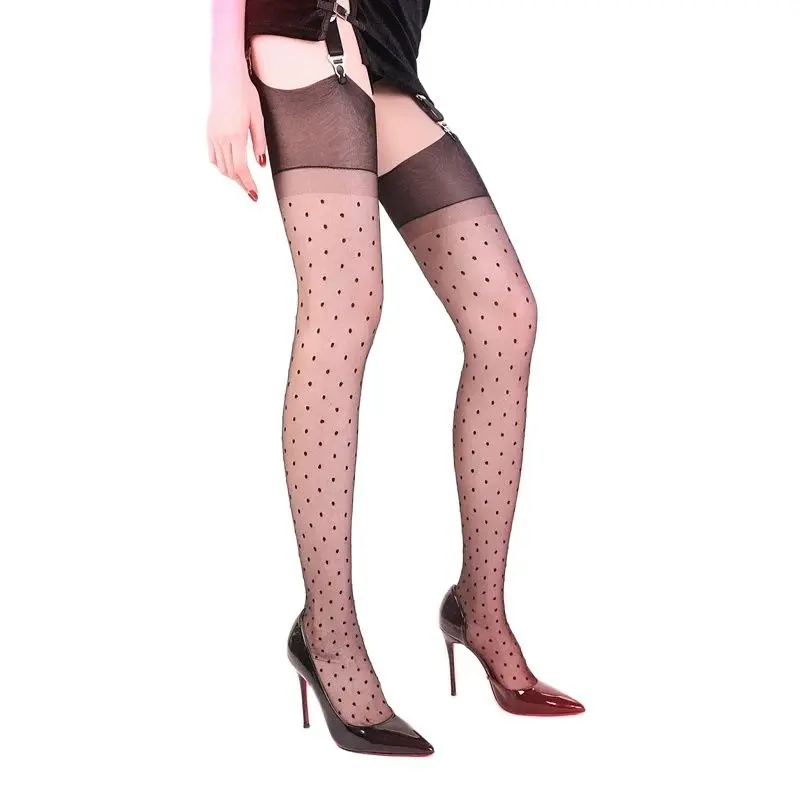 Bas élastiques en Nylon Sexy à pois pour femmes, fins et brillants, haut côtelé Transparent 5D, Vintage, talon cubain, détail, bas en dentelle noire