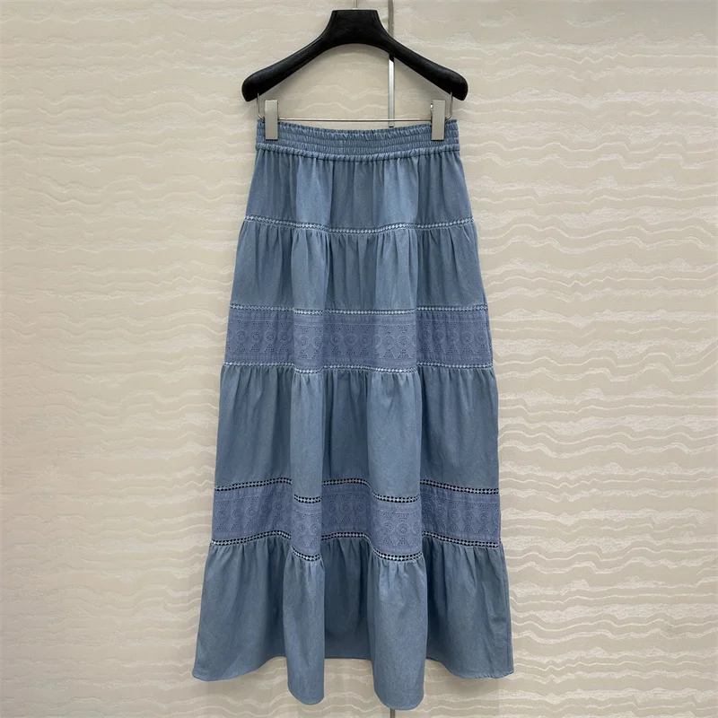 

Women's skirt New elastic waisted slim fit long skirt for summer 2025 Lace patchwork women's half skirt cotton blend denim skirt
