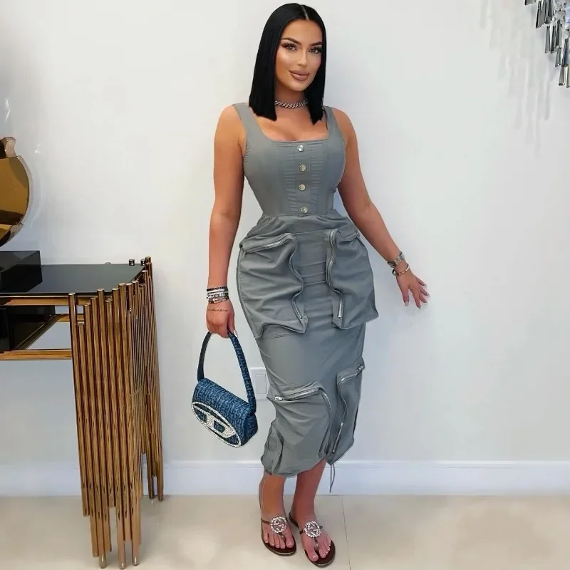 

GUWU Summer O-neck Mult Pockets Cargo Midi Long Dress 2025 Women Sleeveless Casual Bodycon Night Club Party Dresses Vestidos
