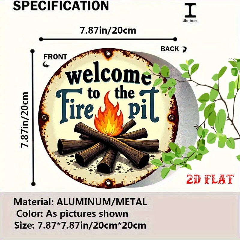 2D Flat 1pc Welcome Firepit Round Aluminum Sign, Cozy Gatherings Metal Tin Sign - Outdoor Nights Rustic Metal Wall Art, Campstyl