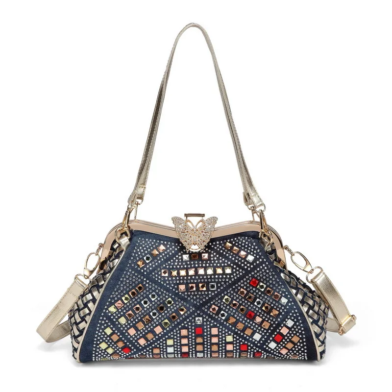 Designer New Women's Bag Denim Braided Rhinestone Bag One Shoulder Crossbody Butterfly Clip Luxury Bag image 3