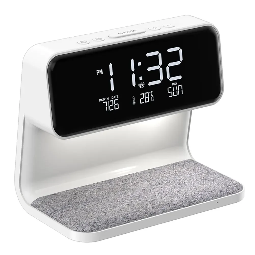 Customizable 3 In 1 Bedside LED Touch Wireless Charger Night  Dimmable Digital Alarm Clock Large Screen for Bedroom Dormito