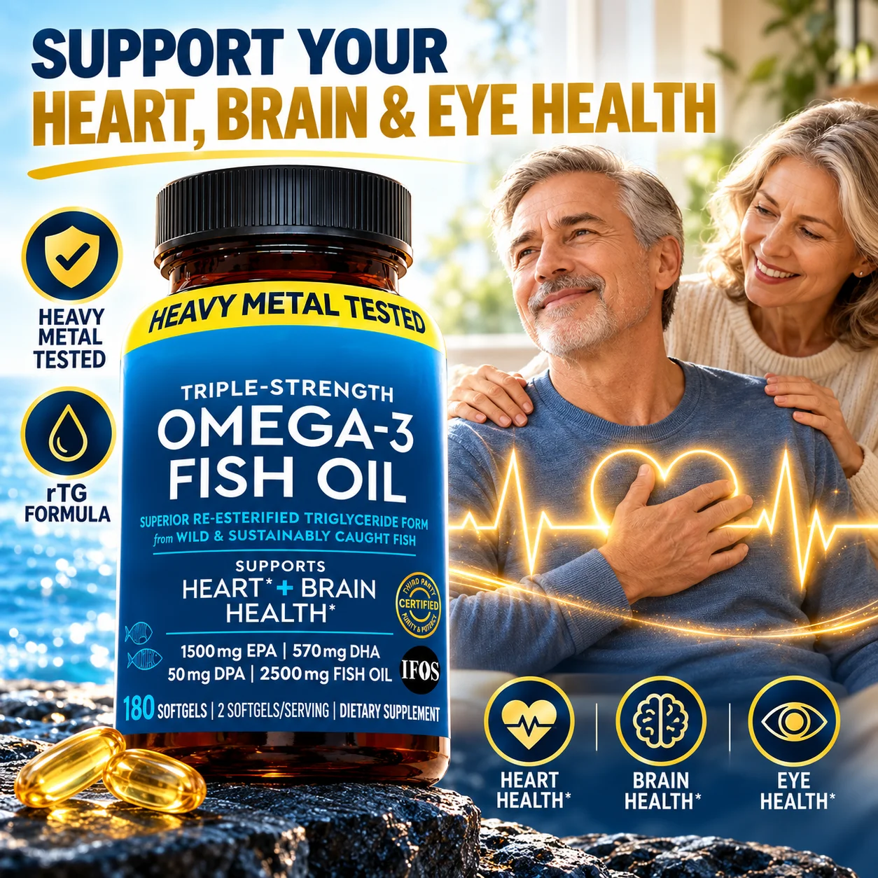 Omega-3 Fish Oil Softgels for Heart, Brain & Eye Health, High Potency 2500mg Fish Oil, EPA 1500mg, DHA 570mg, rTG, 180 Count
