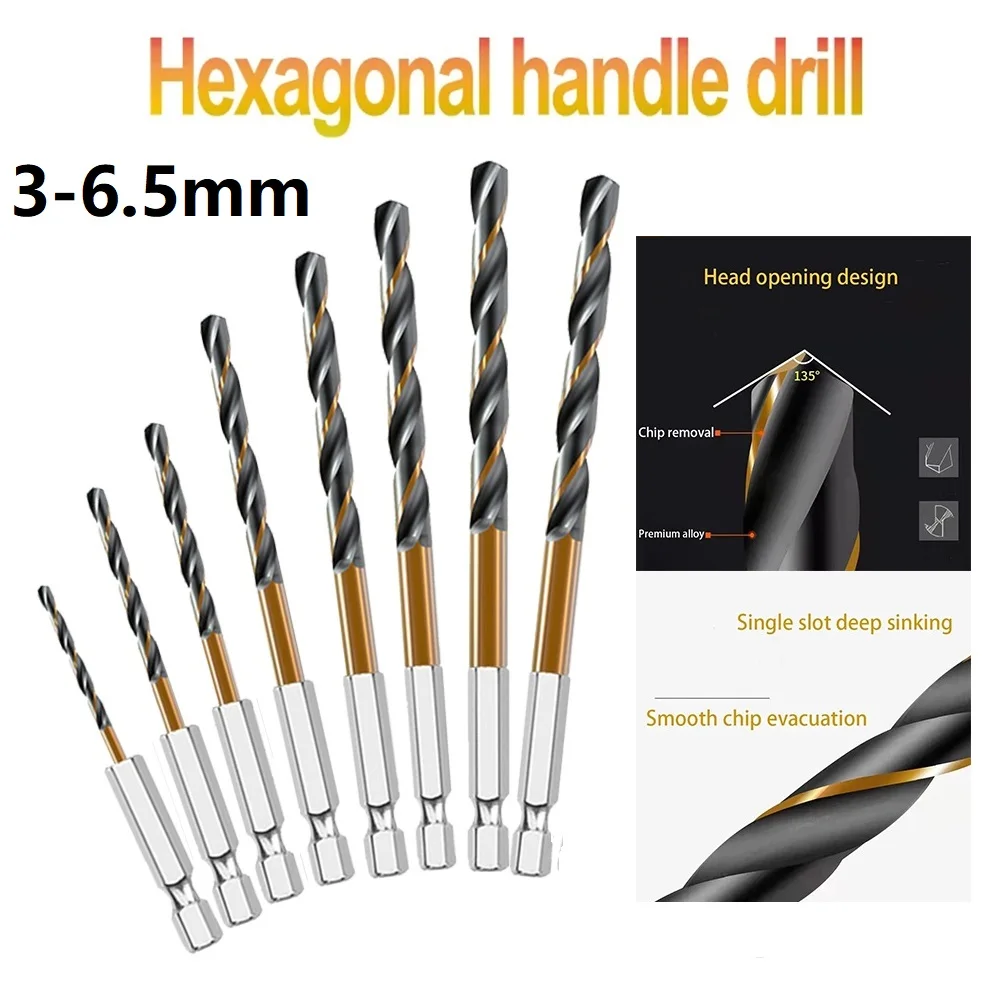 8PCS HSS  High Speed Steel Coated Drill Bit Set 1 4 Hex Shank 3-6.5mm Hexagonal Handle Drill For Metal Drilling Power Tool