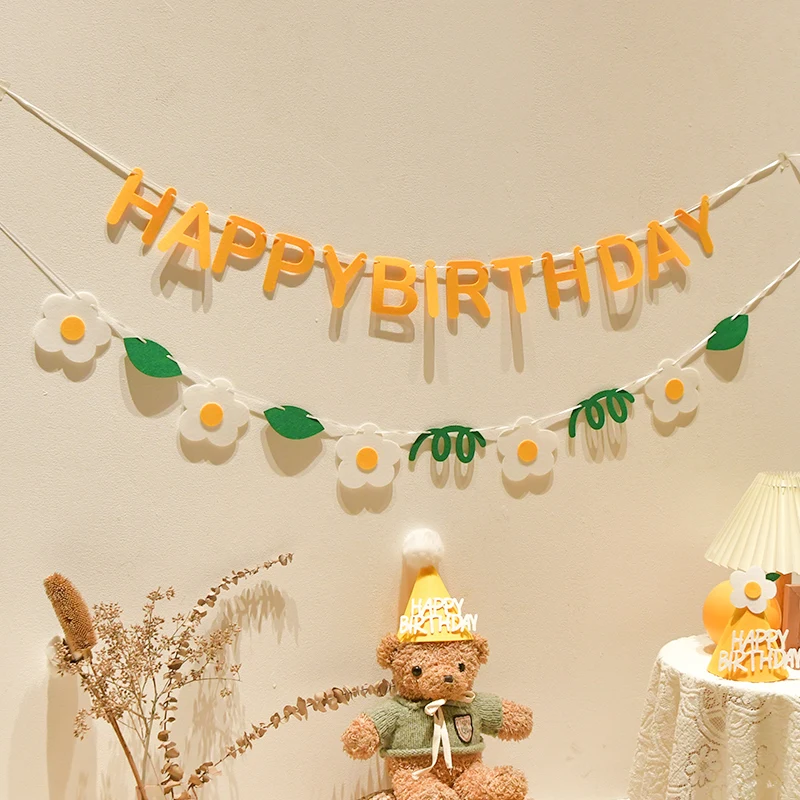 INS Boy Birthday Party Brown Garland Korean Style First Birthday Banner Non Woven Flower Hanging