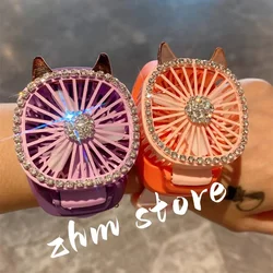 Lovely Watch Style Mini Cat Ears Sparkle Rhinestone Decorate Easy Carry Summer Outside Fan