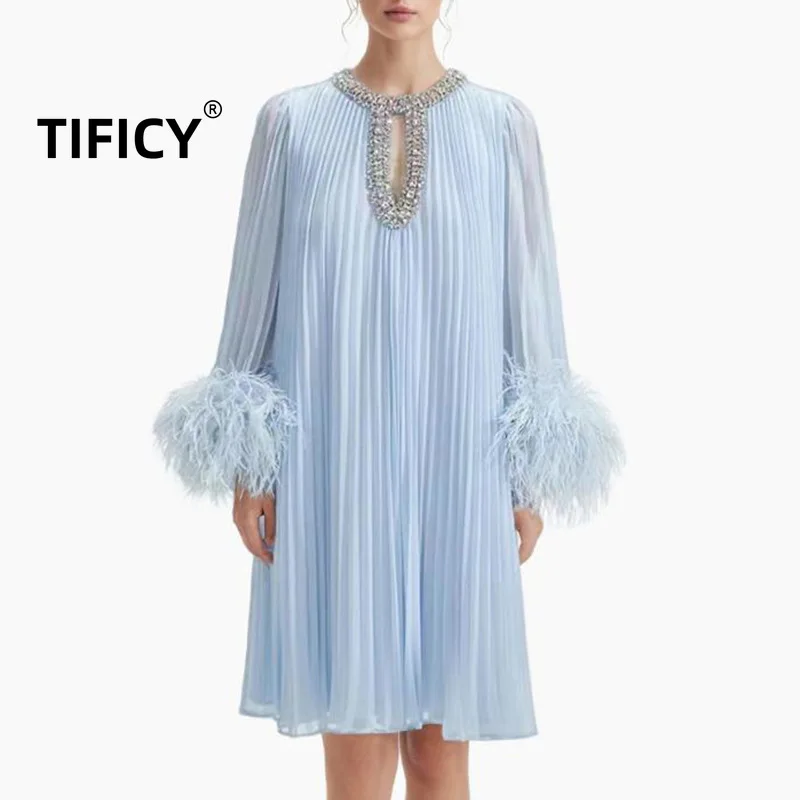 

Mingyuan Style Pleated Party Dress Women's New Heavy Industry Diamond Inlaid Design Sense Spliced Feather High Street Dress