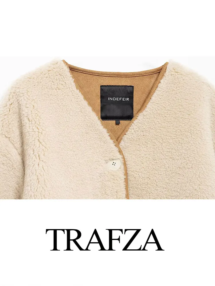 TRAFZA 2024 Winter Velvet Coat For Women Fashion Trend Solid Loose Cardigan Jacket Woman Versatile Elegant Female Overcoat