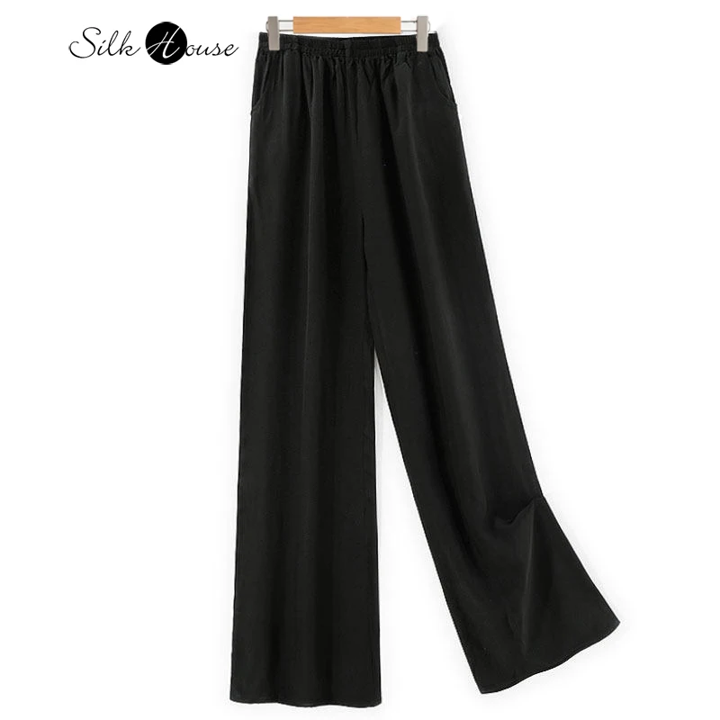 

2026 Women's Casual Clothing Black 100% Natural Mulberry Silk Crepe De Chine Loose Casual Cropped Straight Leg Pants