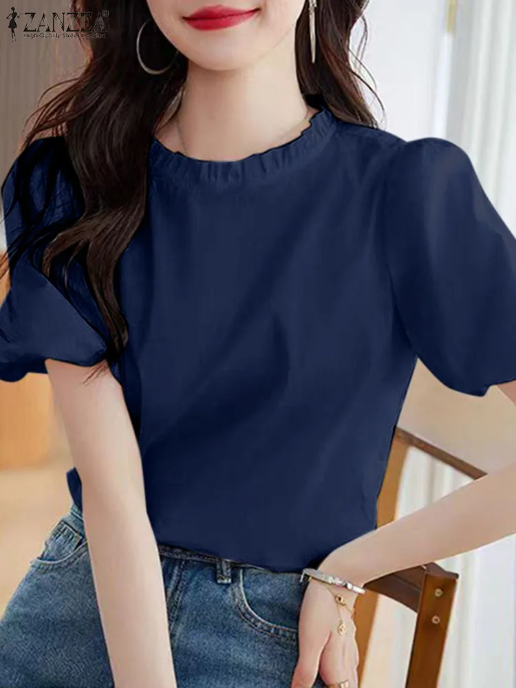 ZANZEA Elegant White Blusas Summer Loose Puff Short Sleeve Tops Sweety Women Ruffled Blouse Korean 2024 Half Turtle Neck Tunic