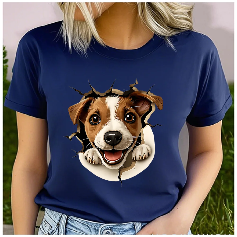 100% Cotton Cute Jack Russell Dog Break Through Wall Print Women T Shirt Pet Puppy Graphic Tee Casual Short Sleeve Summer Top