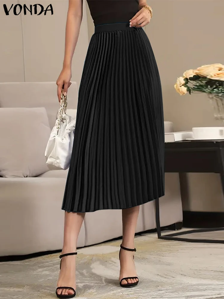 VONDA Women High Waist Midi Skirts 2024 Casual Solid Color A-line Ruffled Well Fitting Skirts Elegant Overskirts Simple Bottoms