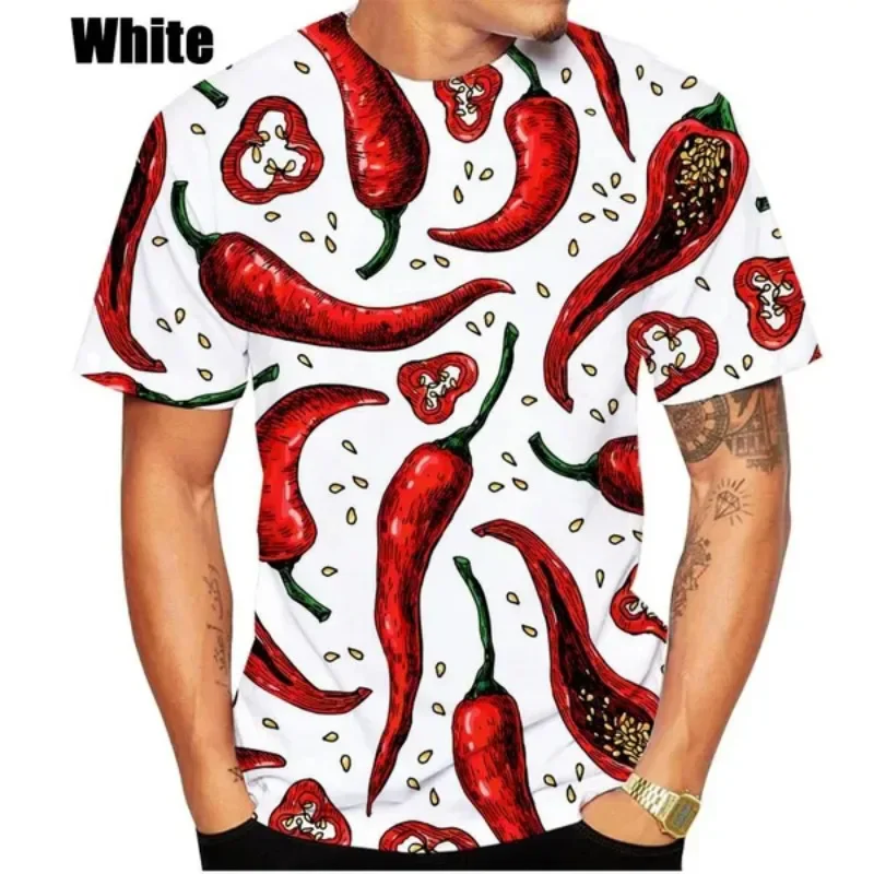T-shirt estiva da uomo nuova stampata in 3D con motivo a peperoncino colorato Fashion Street Fun Plus Size girocollo Top
