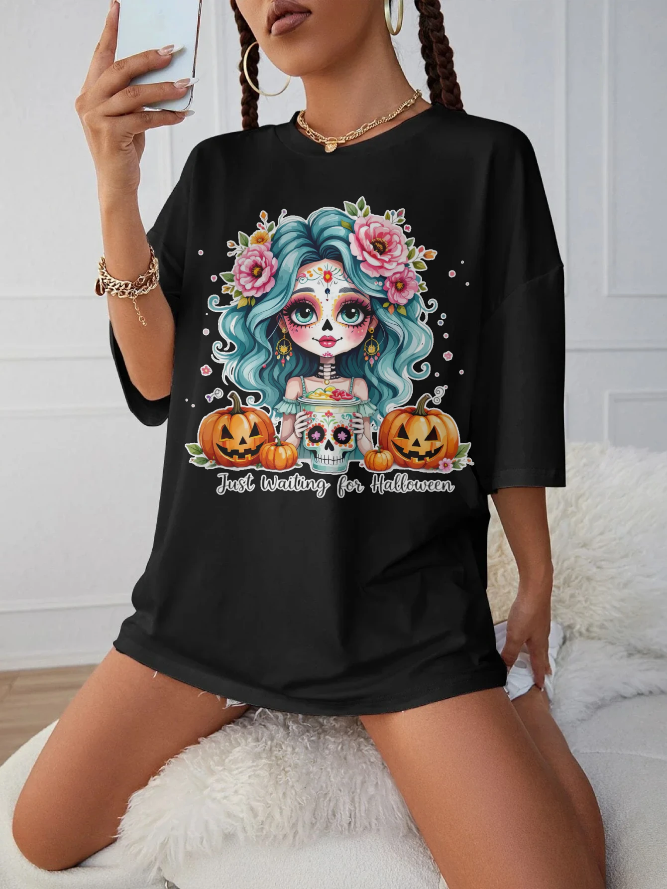 

Just-Waiting-for-Halloween-Sugar Black Round Neck T-Shirt for Women Loose Fit Comfortable Maternity Wear for Late Pregnancy
