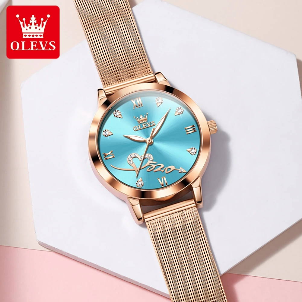 Olevs marca moda relógio de quartzo para mulheres luxo rosa ouro pulseira malha aço inoxidável à prova dwaterproof água senhoras relógio relogio feminino