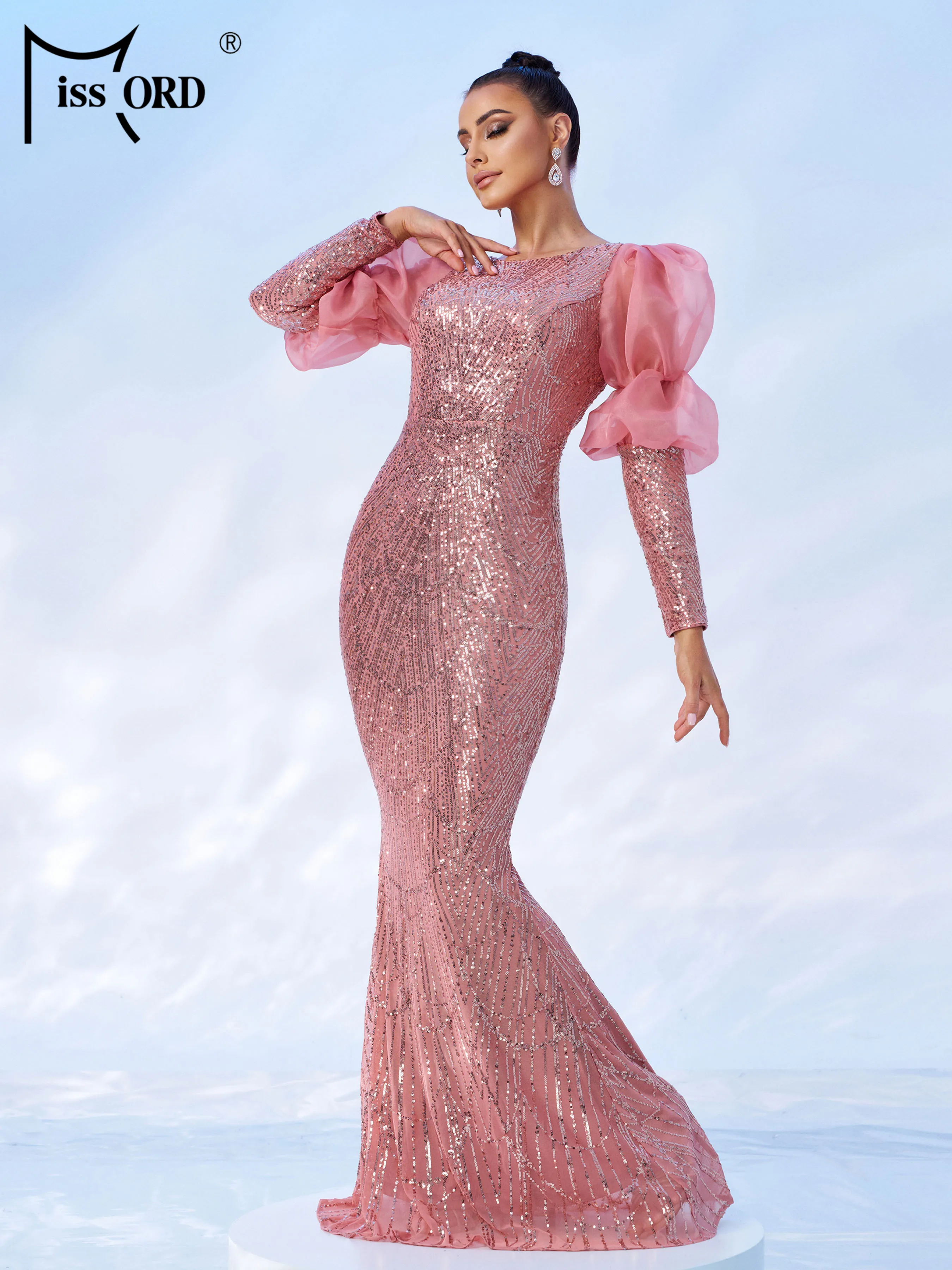 

Missord New Pink Round Neck Lantern Sleeves Sequin Mermaid Evening Gown Wedding Birthday Party Formal Occasion Prom Party Dress