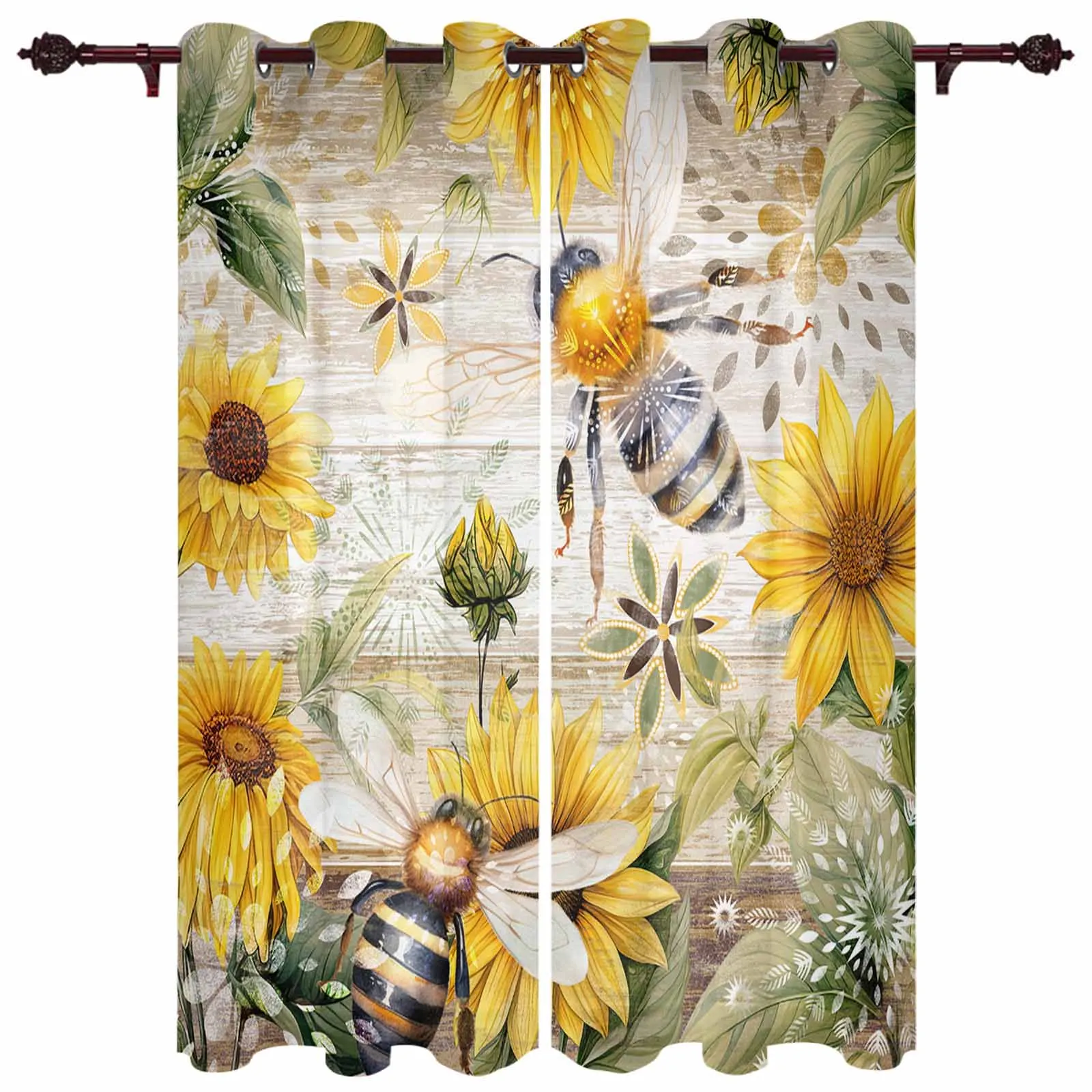 Vintage Rural Wood Grain Plants Sunflowers Bees Indoor Curtains Living Room Luxury Drapes Large Curtains Window Treatments