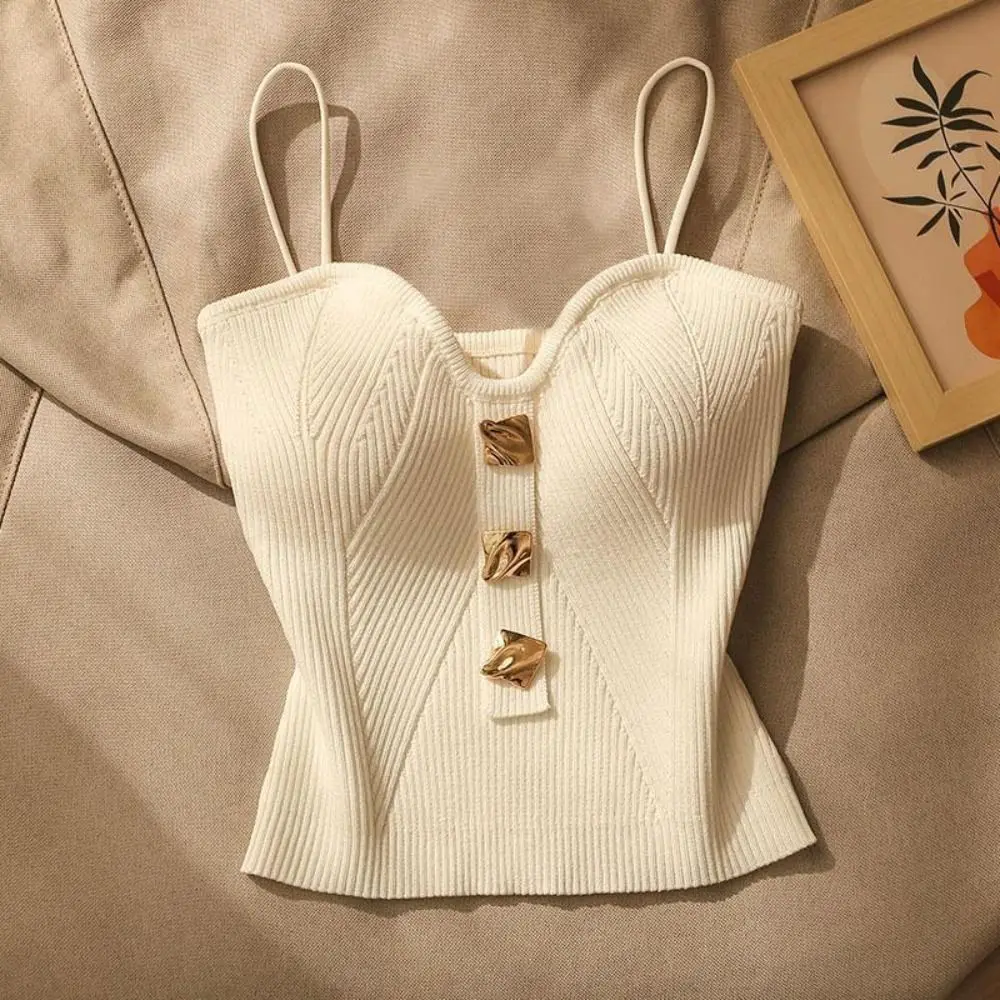 

French Style Women's Knitted Tops Cross-knit Spaghetti Strap Knitting Camisole Vest Sleeveless White Black Sleeveless T Shirt