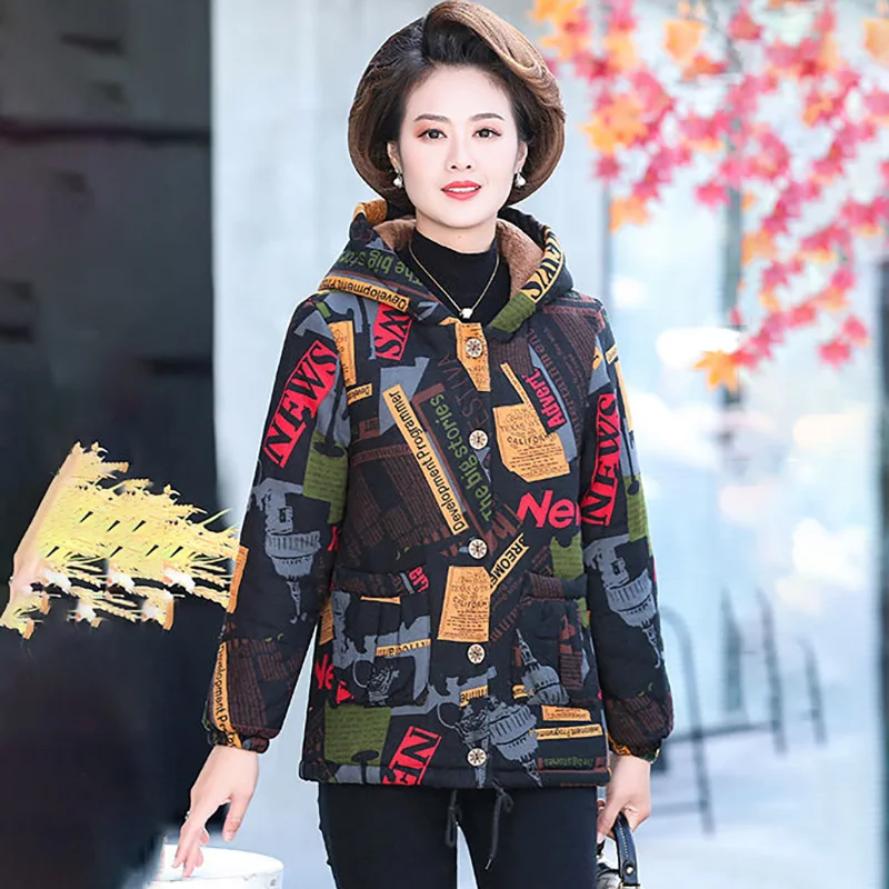 Mother Winter Down Cotton-padded Jacket 2024 New Middle-aged And Elderly Women Large Size Fleece Fashion Print Warm Coat Women6X