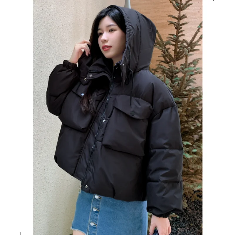 Beige Down Jacket Women Coat Black Hooded Fashion American Streetwear Y2K Style Duck Down Feather Female Winter Short Outwear