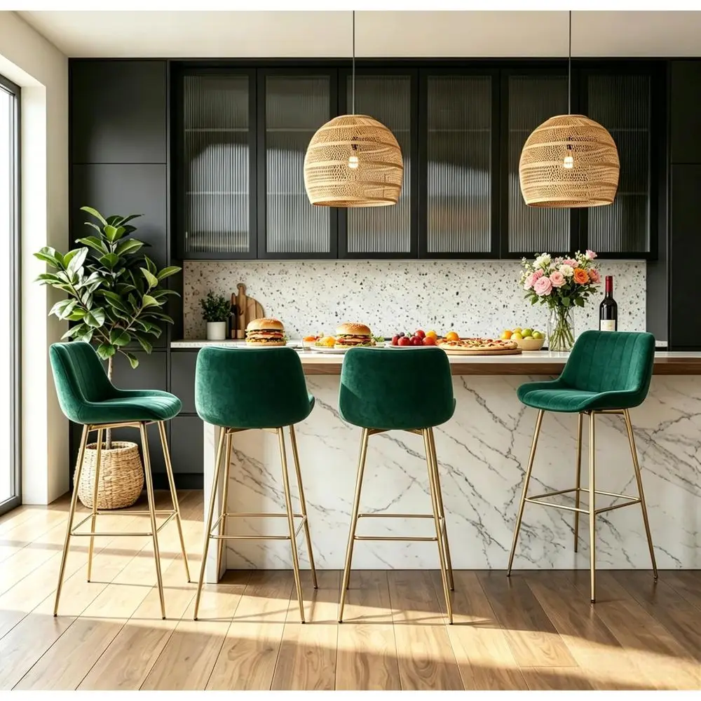 ar Stools t o 4，30 Inch Veet Counter Height Stools with ackrest, ern Gold Legs arstools or Kitchen Island, Dining Room, ar, Gree