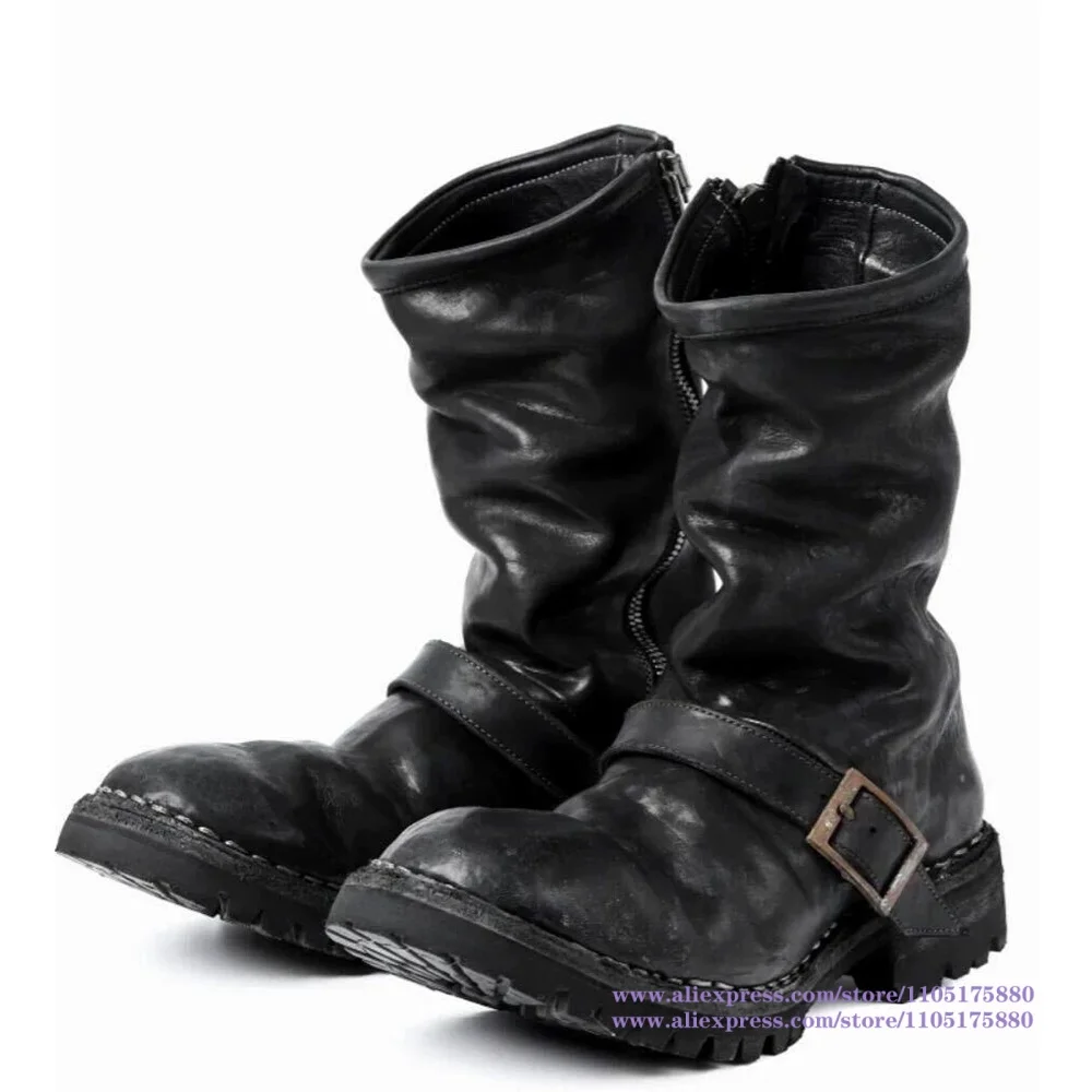 

Black Leather Mid-Calf Men's Boots Buckle-Strap Round Toe Height-Increasing Side Zipper Boots Designer Men's Shoes Botas Mujer