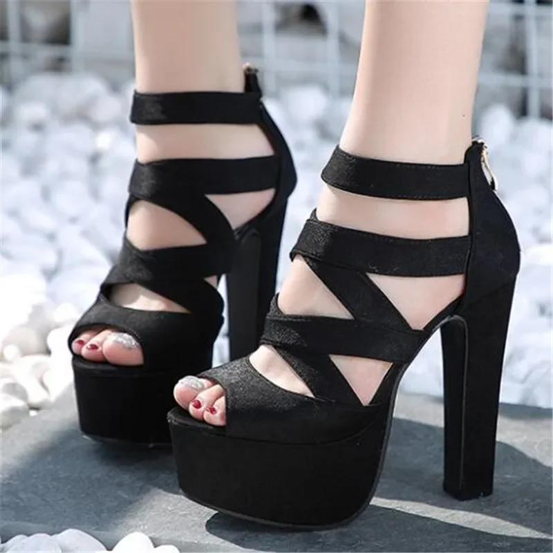 Spring Summer 15CM Fashion Thick with Sandals Fish Mouth Shoes High-heeled Hollow Zipper Sandals Nightclub High Heel Girls Shoes