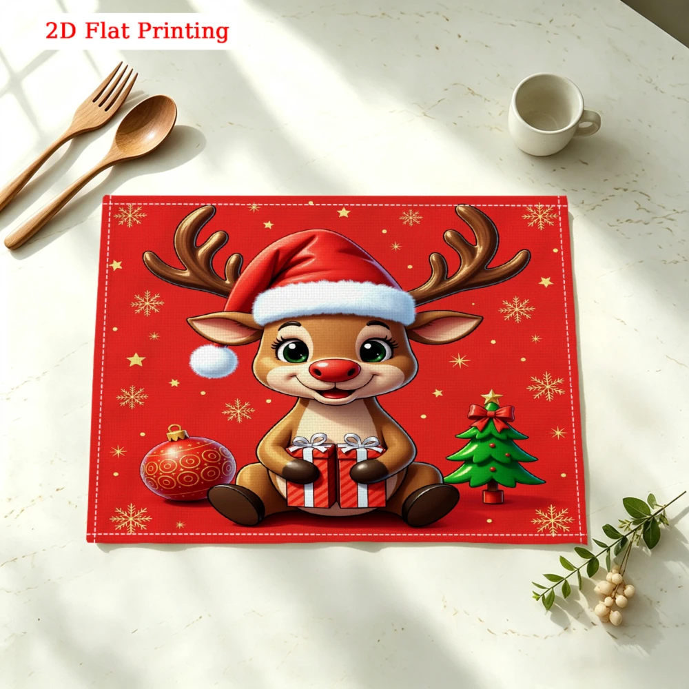 Cute Reindeer Holding Christmas Gift Kitchen Placemat Coaster Linen Pad Dish Coffee Cup Table Mat 30x40cm Home Decor
