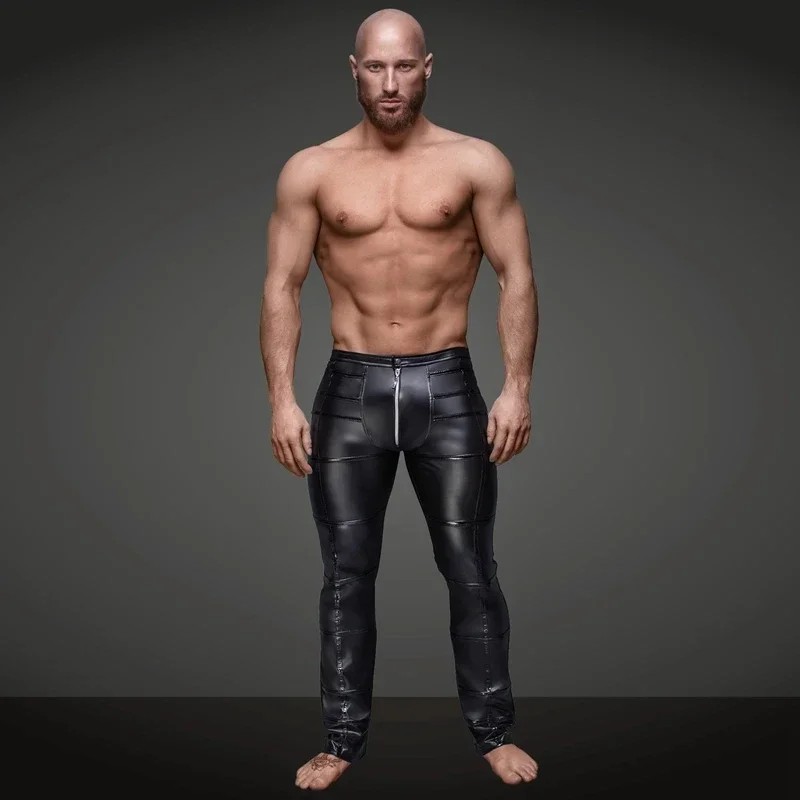 Men Sexy Wetlook Faux Leather Lingerie Exotic Pants PU Latex Catsuit zipper crotch PVC Clubwear gay fetish Pants leggings zentai