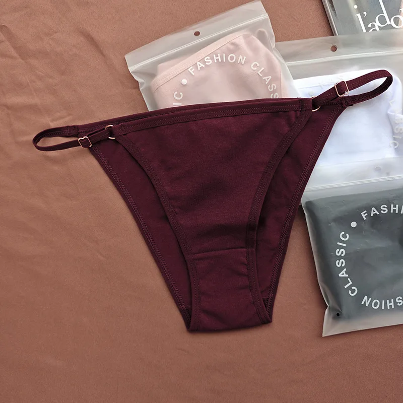 3ks/sada dámských bavlněných kalhotek, sexy spodní prádlo, nastavitelný pásek, kalhotky s nízkým pasem, dámské měkké bikiny, jednobarevné spodní prádlo - náhled 4