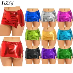 Women Shiny Metallic Mini Pencil Skirts Mid Waist Split Bodycon Miniskirt Nightclub Rave Party Clubwear Pole Dancing Costume