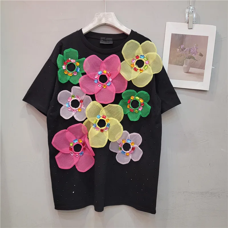 Women Stars Hot Drilling Diamonds Beaded 3D Flowers T-shirts Crystal Floral Tees Casual Short Sleeved Jumpers O-Neck Crop Tops