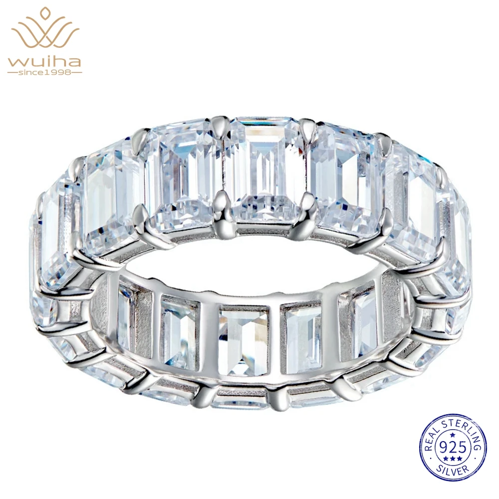 WUIHA 100% 925 Sterling Silver Emerald Cut Lab Sapphire High Carbon Diamond Gemstone Wedding Party Row Ring Fine Jewelry Band