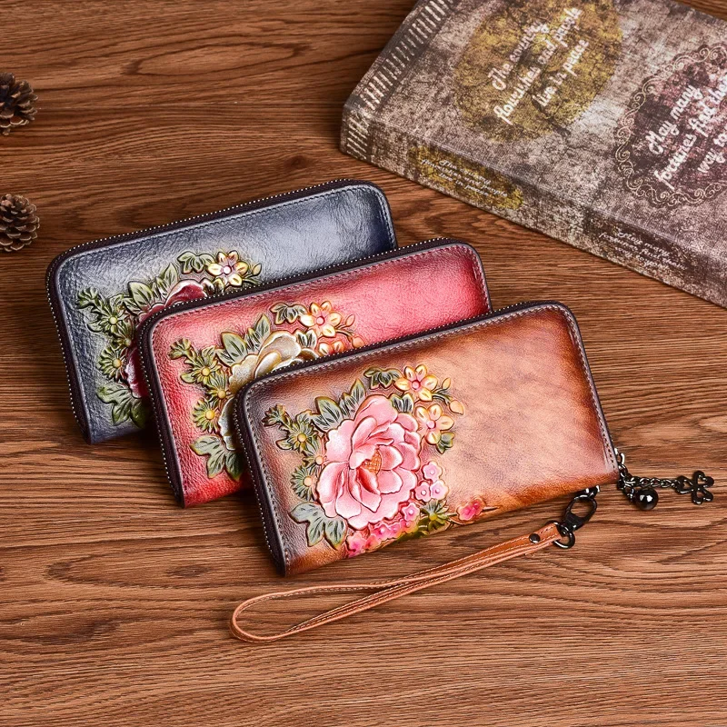 2024 New Chinese Style Retro Women Wallet Genuine Leather Long Zipper Purse Vintage Handmade Embossed Clutch Card Holder