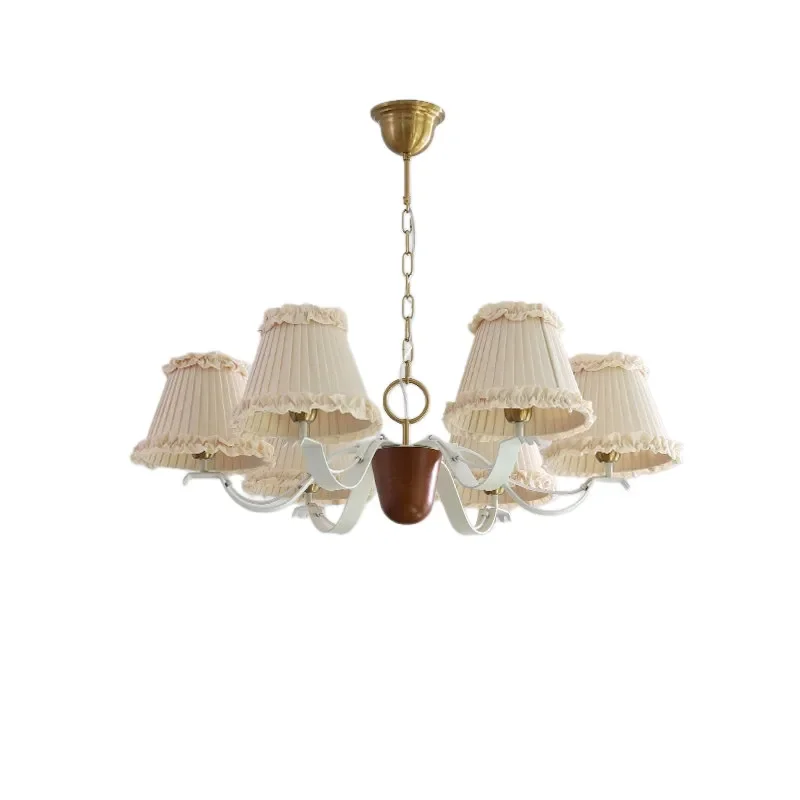 Retro American Style Solid Wood Chandelier with Printed Fabric Shade for Living Room Bedroom Study Vintage Ceiling Light