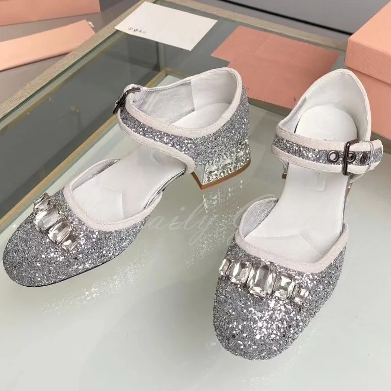 

Glitter Round Toe Sequin Thick Heel Pumps Women Diamond Inlaid Hollow Straight Line Buckle Strap Mary Jane Shoes Single Shoe